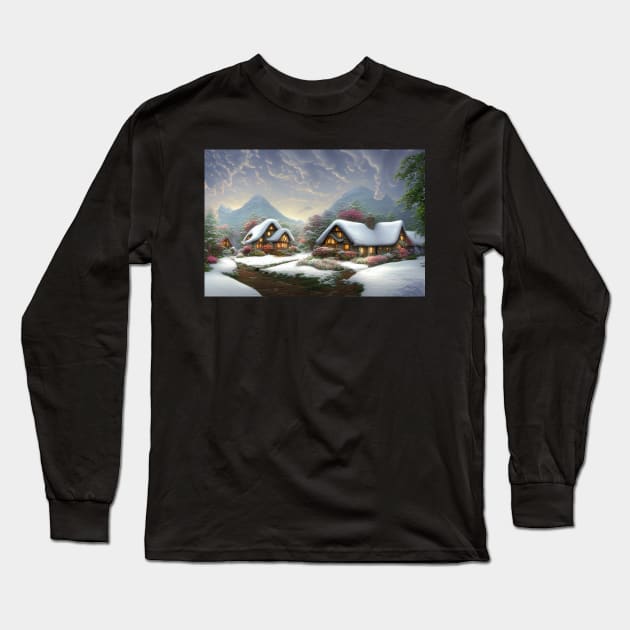 Magical Fantasy House with Lights in a Snowy Scene, Fantasy Cottagecore artwork Long Sleeve T-Shirt by Promen Art